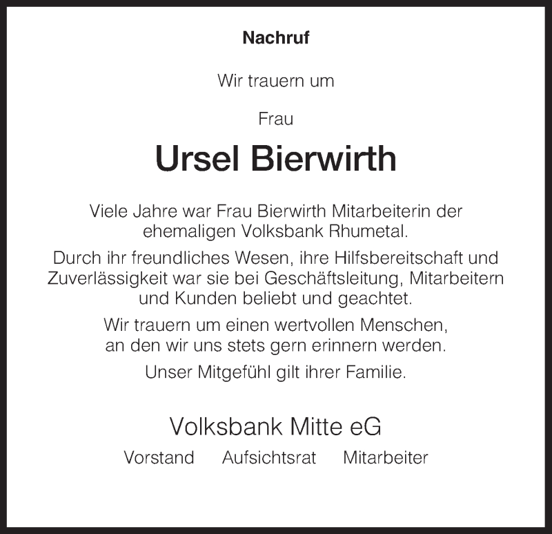  Traueranzeige für Ursel Bierwirth vom 15.11.2012 aus HNA
