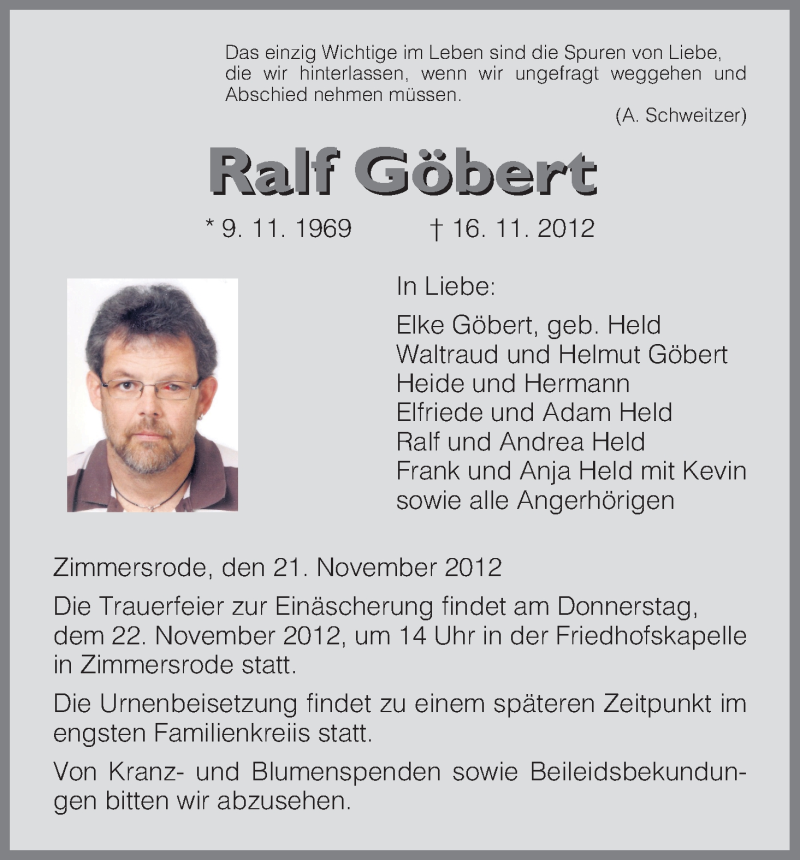  Traueranzeige für Ralf Göbert vom 21.11.2012 aus HNA
