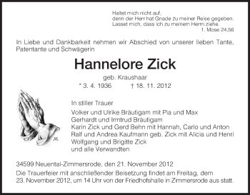 Traueranzeige von Hannelore Zick von HNA