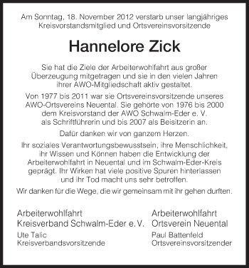 Traueranzeige von Hannelore Zick von HNA