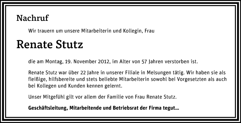  Traueranzeige für Renate Stutz vom 24.11.2012 aus HNA
