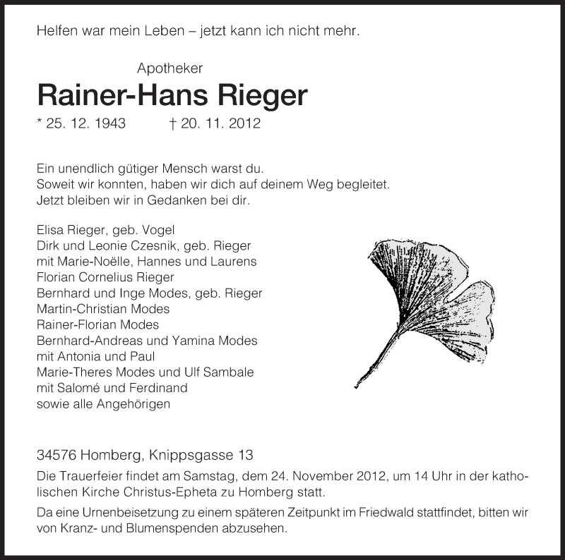  Traueranzeige für Rainer-Hans Rieger vom 23.11.2012 aus HNA