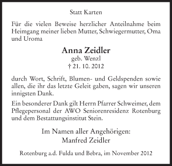 Traueranzeige von Anna Zeidler von HNA