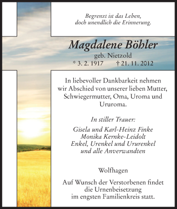 Traueranzeige von Magdalene Böhler von HNA