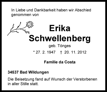 Traueranzeige von Erika Schwellenberg von HNA