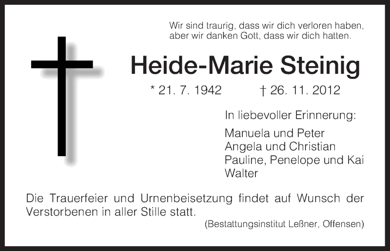 Traueranzeige für Heide-Marie Steinig vom 01.12.2012 aus HNA