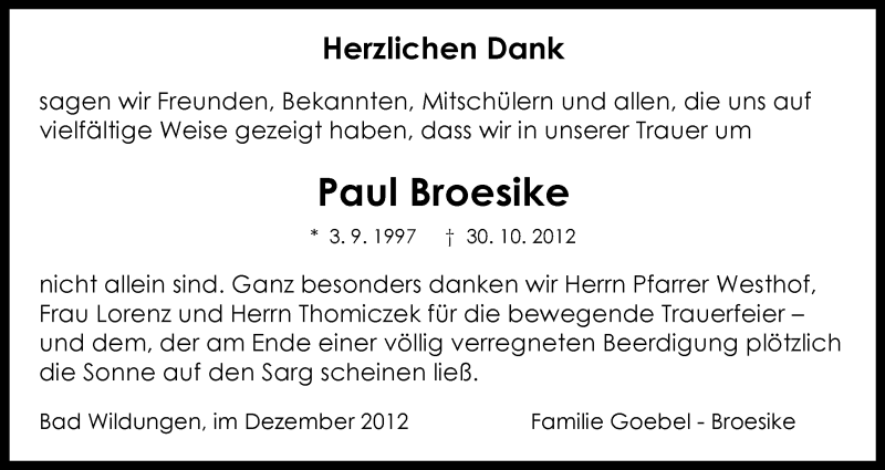  Traueranzeige für Paul Broesike vom 01.12.2012 aus HNA