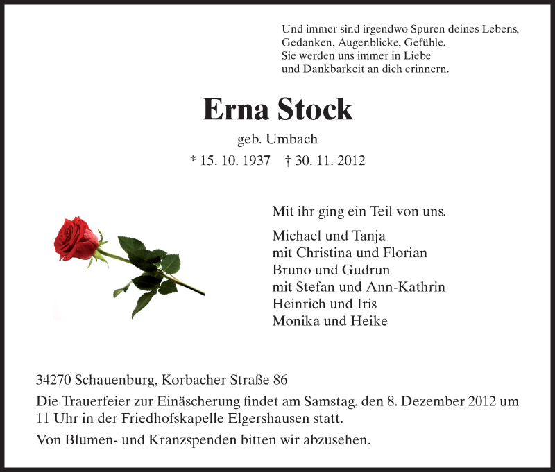  Traueranzeige für Erna Stock vom 05.12.2012 aus HNA