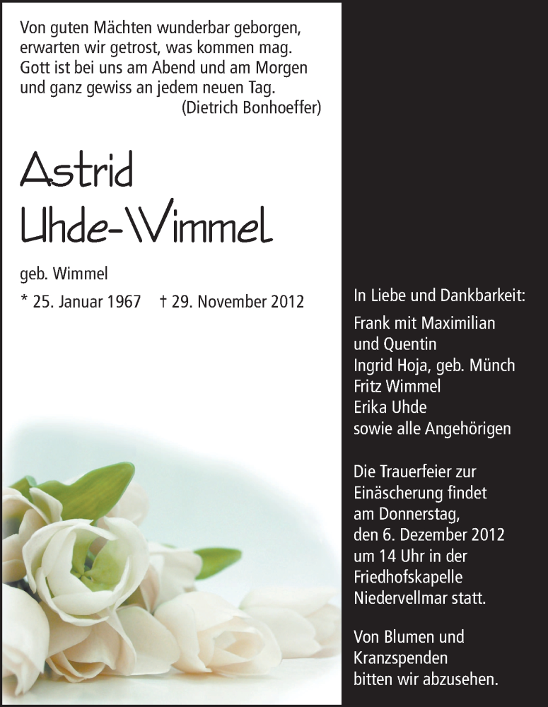  Traueranzeige für Astrid Uhde-Wimmel vom 04.12.2012 aus HNA