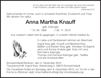 Traueranzeige von Anna Martha Martha von HNA