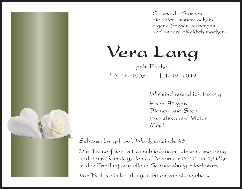  Traueranzeige für Vera Lang vom 06.12.2012 aus HNA