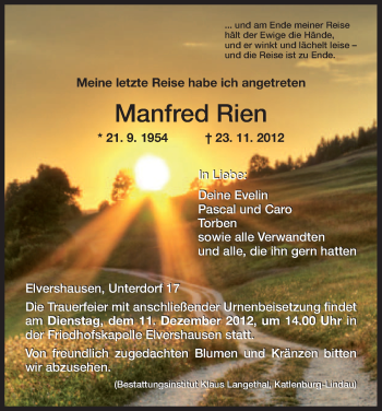Traueranzeige von Manfred Rien von HNA