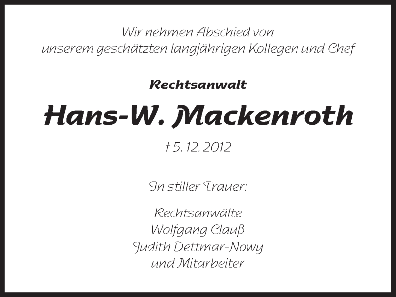  Traueranzeige für Hans Mackenroth vom 08.12.2012 aus HNA