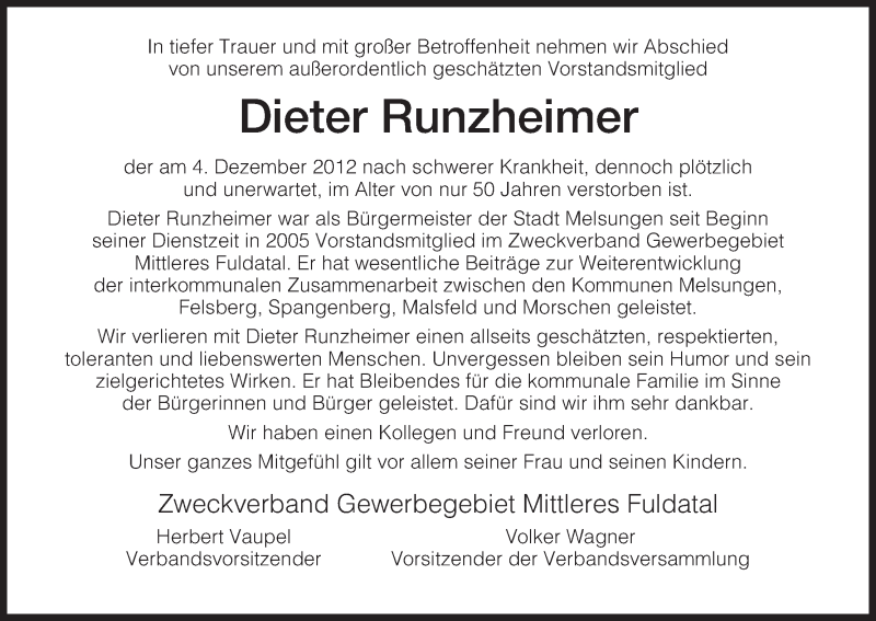  Traueranzeige für Dieter Runzheimer vom 07.12.2012 aus HNA