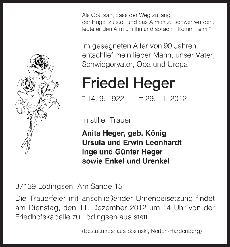  Traueranzeige für Friedel Heger vom 07.12.2012 aus HNA