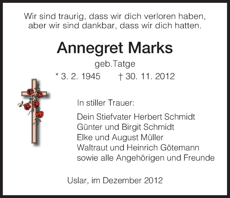  Traueranzeige für Annegret Marks vom 08.12.2012 aus HNA