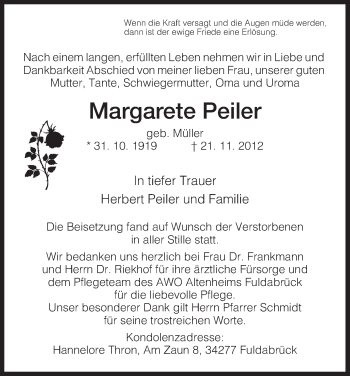 Traueranzeige von Margarete Peiler von HNA