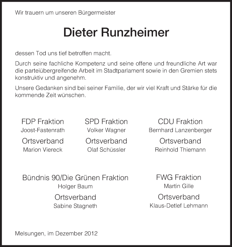  Traueranzeige für Dieter Runzheimer vom 08.12.2012 aus HNA