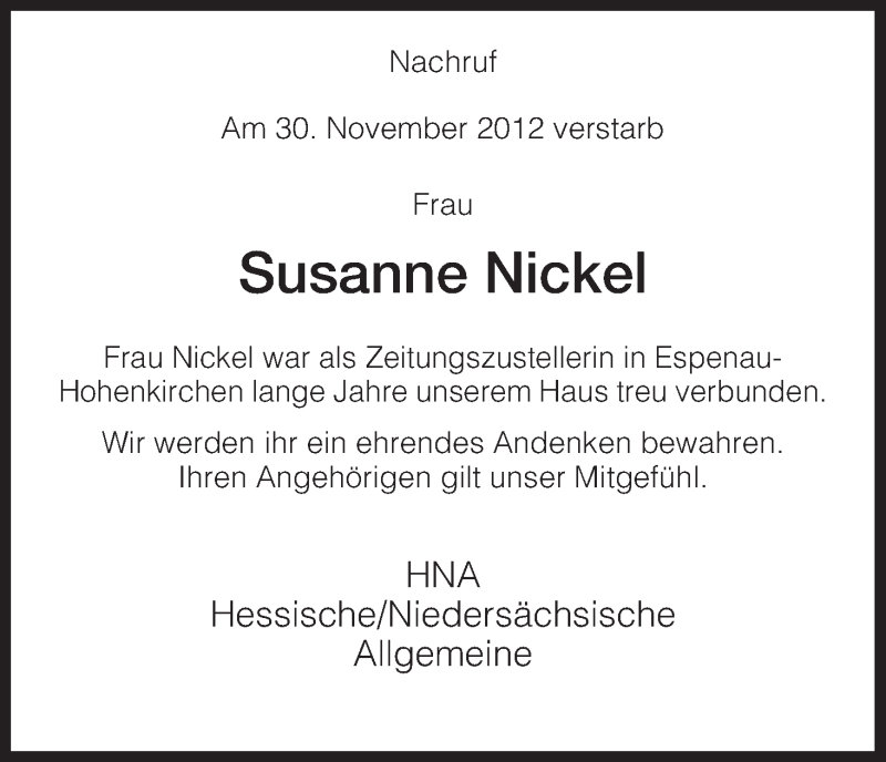  Traueranzeige für Susanne Nickel vom 08.12.2012 aus HNA
