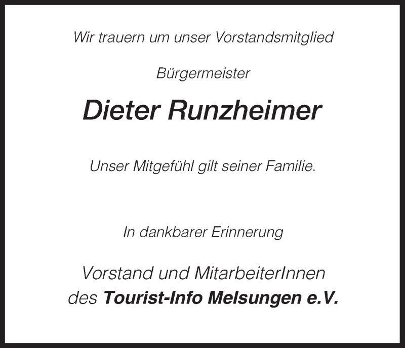  Traueranzeige für Dieter Runzheimer vom 08.12.2012 aus HNA