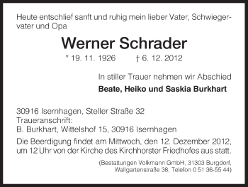 Traueranzeige von Werner Schrader von HNA