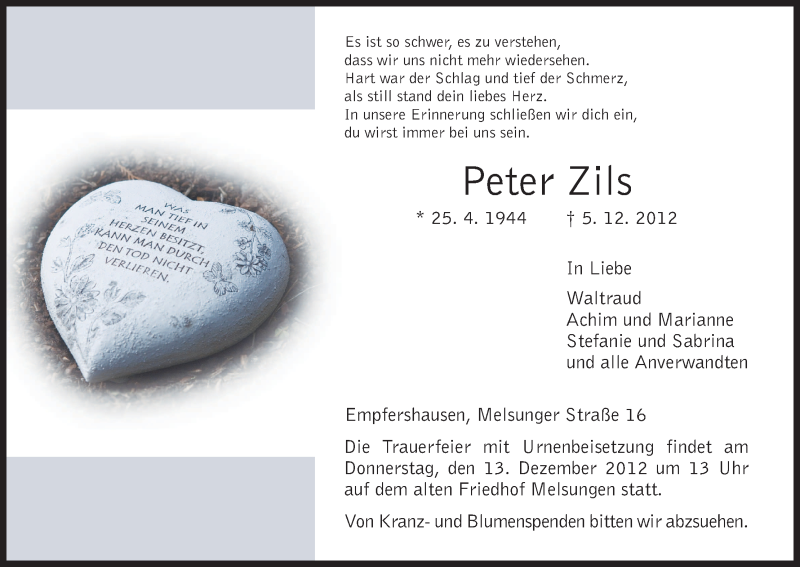  Traueranzeige für Peter Zils vom 10.12.2012 aus HNA