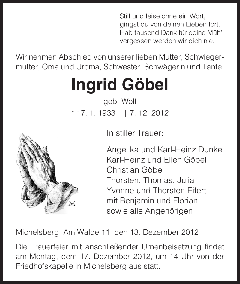  Traueranzeige für Ingrid Göbel vom 13.12.2012 aus HNA