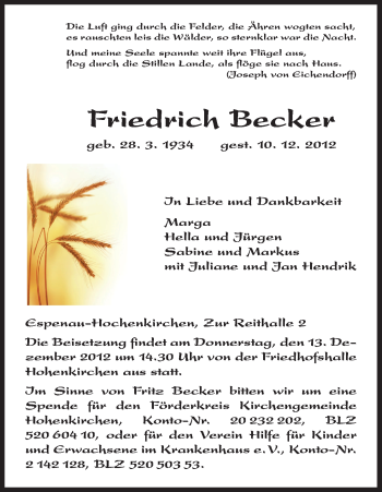 Traueranzeige von Friedrich Becker von HNA