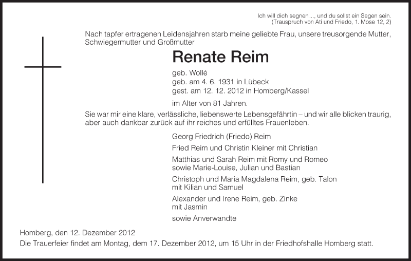  Traueranzeige für Renate Reim vom 13.12.2012 aus HNA