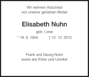 Traueranzeige von Elisabeth Nuhn von HNA