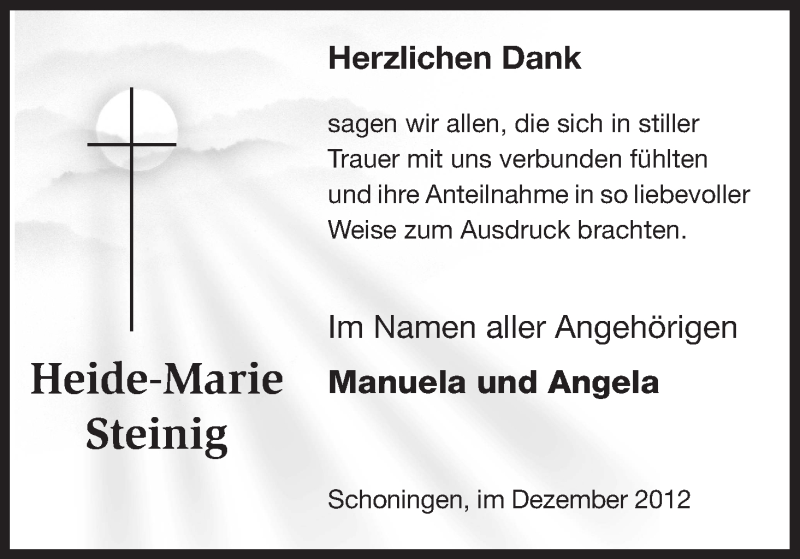  Traueranzeige für Heide-Marie Steinig vom 15.12.2012 aus HNA