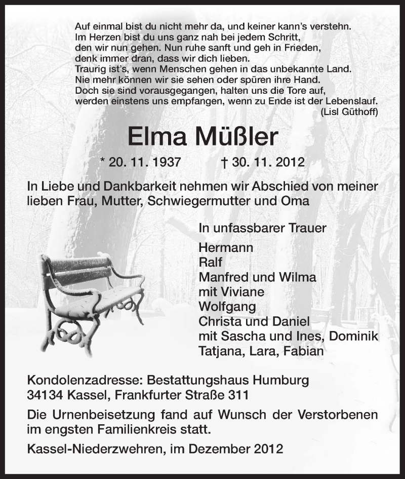  Traueranzeige für Elma Müßler vom 15.12.2012 aus HNA