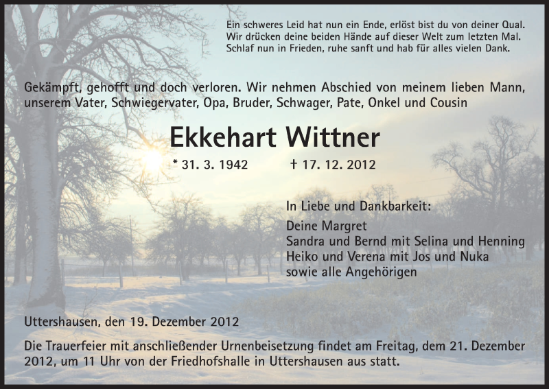  Traueranzeige für Ekkehart Wittner vom 19.12.2012 aus HNA