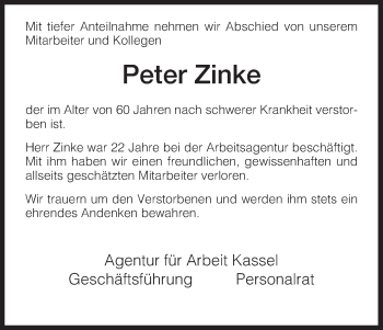 Traueranzeige von Peter Zinke von HNA