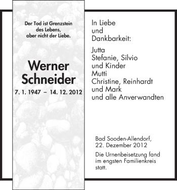 Traueranzeige von Werner Schneider von HNA