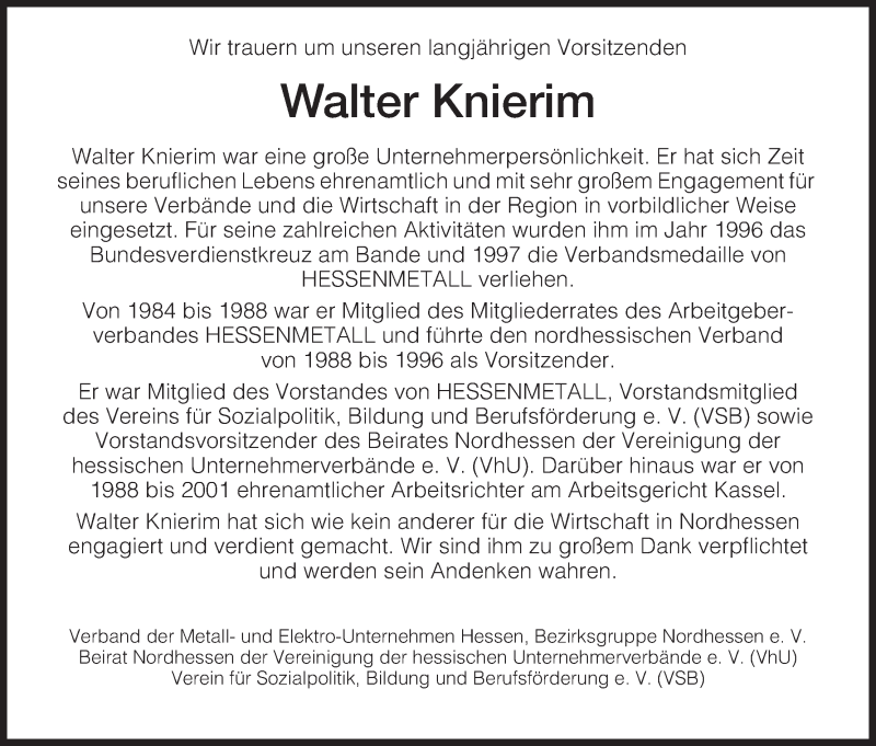  Traueranzeige für Walter Knierim vom 22.12.2012 aus HNA