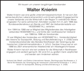 Traueranzeige von Walter Knierim von HNA