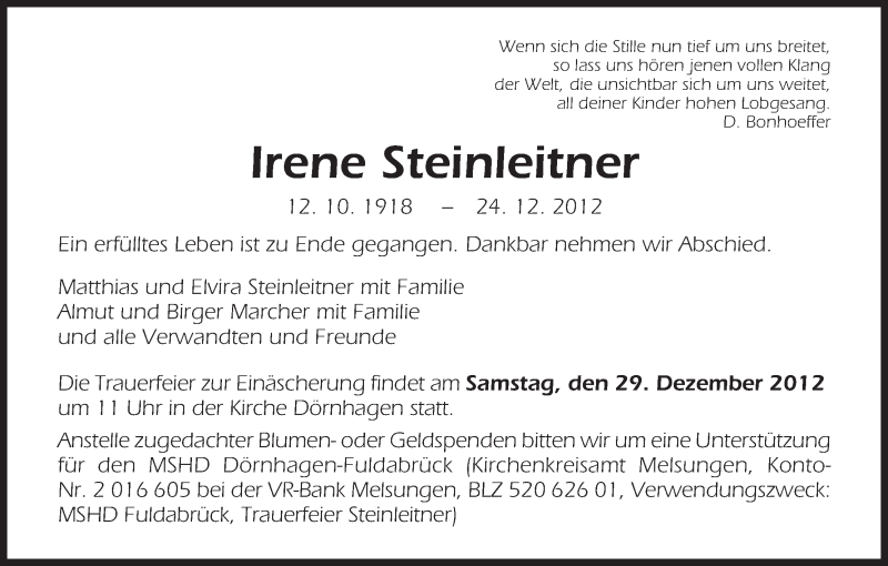  Traueranzeige für Irene Steinleitner vom 28.12.2012 aus HNA
