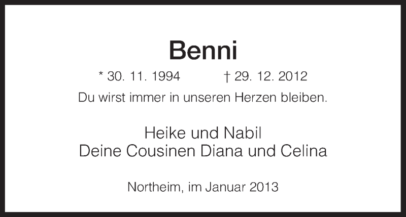  Traueranzeige für Benni  vom 02.01.2013 aus HNA