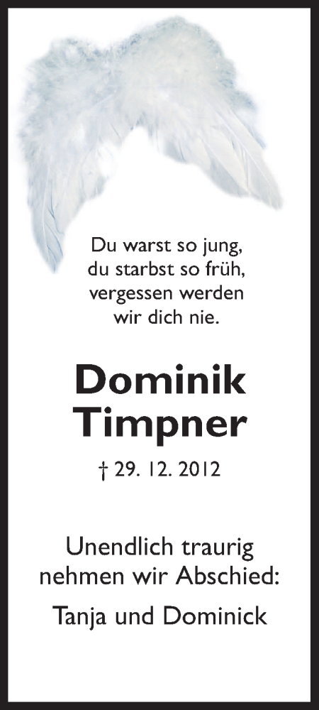  Traueranzeige für Dominik Timpner vom 02.01.2013 aus HNA