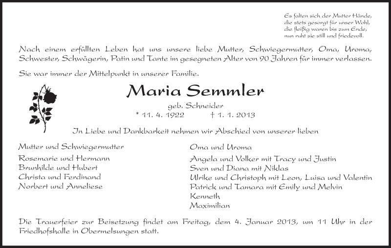  Traueranzeige für Maria Semmler vom 03.01.2013 aus HNA
