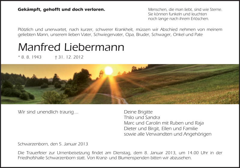  Traueranzeige für Manfred Liebermann vom 05.01.2013 aus HNA