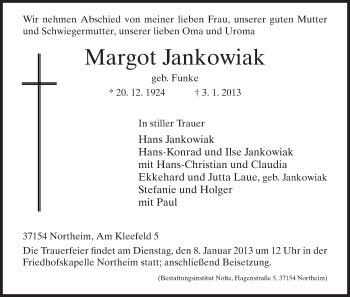 Traueranzeige von Margot Jankowiak von HNA