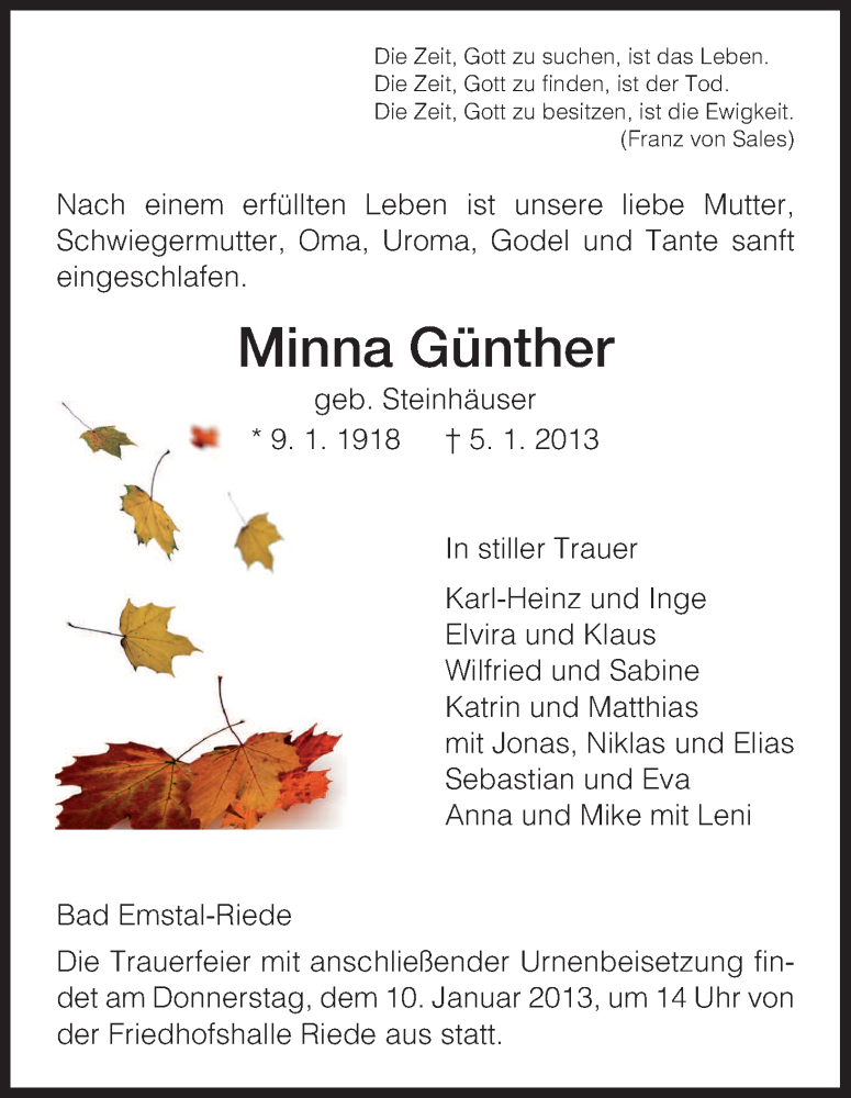 Traueranzeige für Minna Günther vom 07.01.2013 aus HNA
