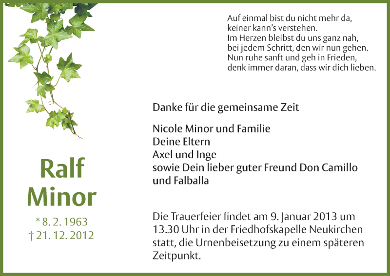 Traueranzeige für Ralf Minor vom 07.01.2013 aus HNA