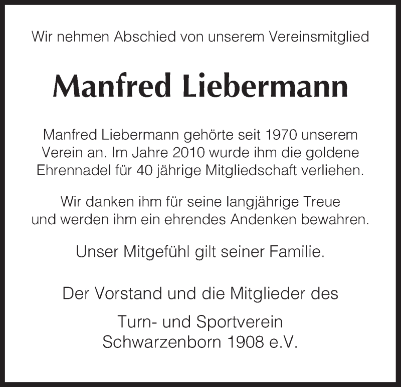  Traueranzeige für Manfred Liebermann vom 09.01.2013 aus HNA