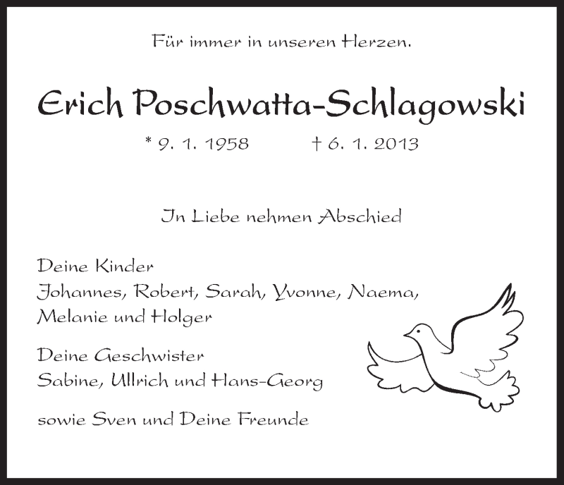  Traueranzeige für Erich Poschwatta-Schlagowski vom 09.01.2013 aus HNA