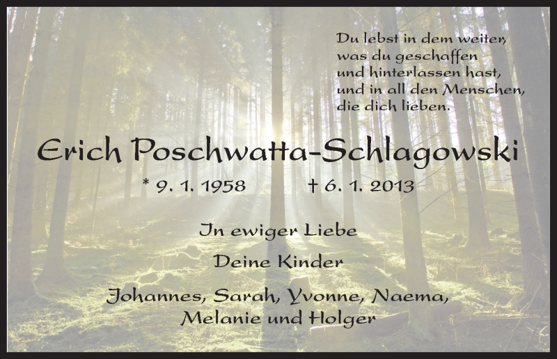  Traueranzeige für Erich Poschwatta-Schlagowski vom 09.01.2013 aus HNA