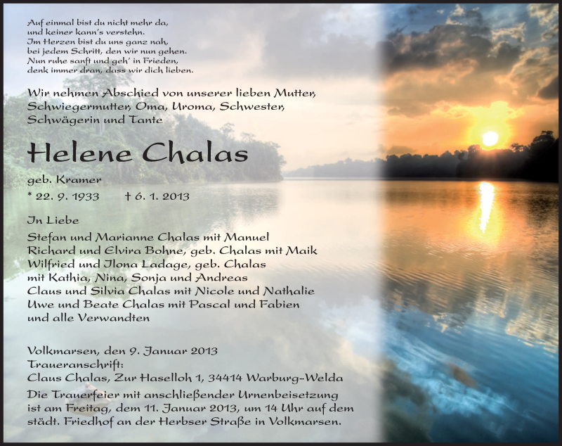  Traueranzeige für Helene Chalas vom 09.01.2013 aus HNA
