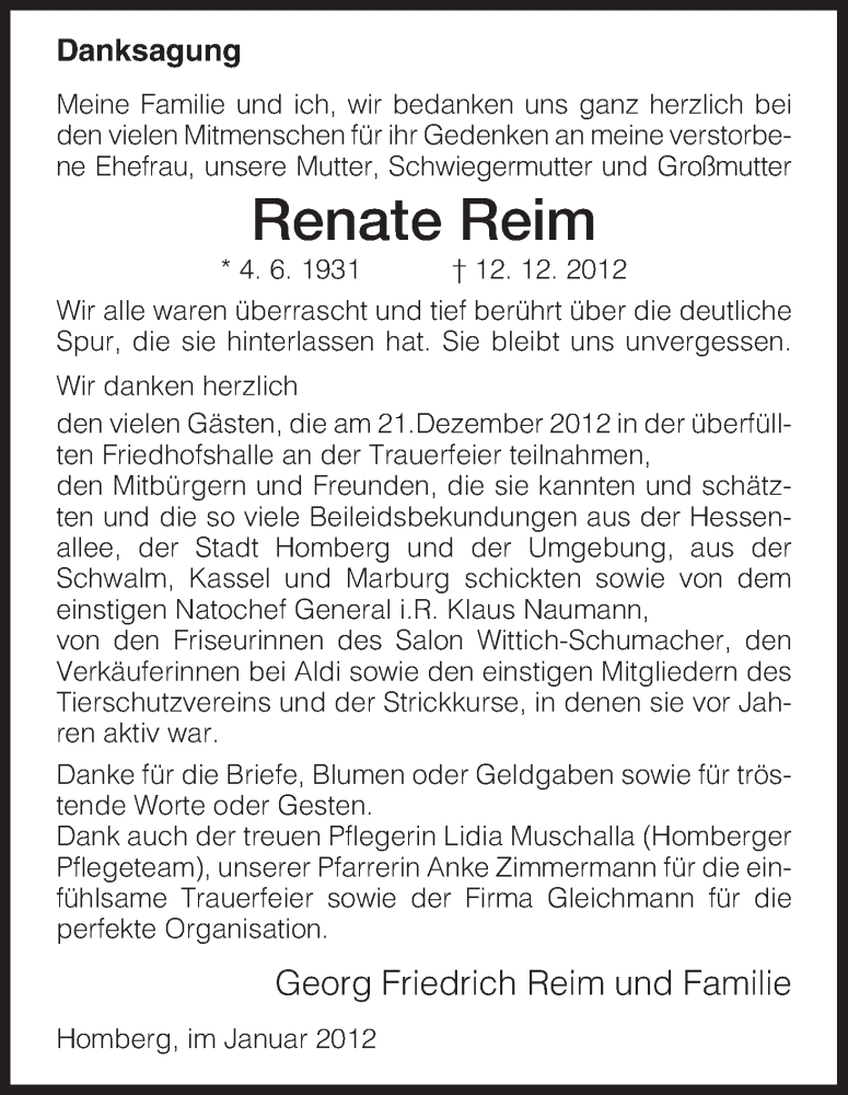  Traueranzeige für Renate Reim vom 12.01.2013 aus HNA